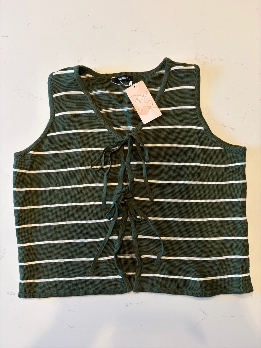 NEW! Tie-Front Knit Tank - Stripes in Forest Green & White Size XL